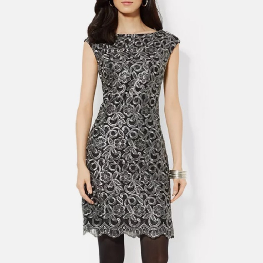 {NWT} Lauren Ralph Lauren | Metallic Embroidered Sheath Dress Black Pewter 12 - Picture 1 of 16